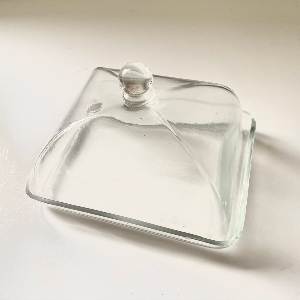 Vintage Cottagecore Glass Covered Butter Dish Cloche Square Cover Farmhouse MCM